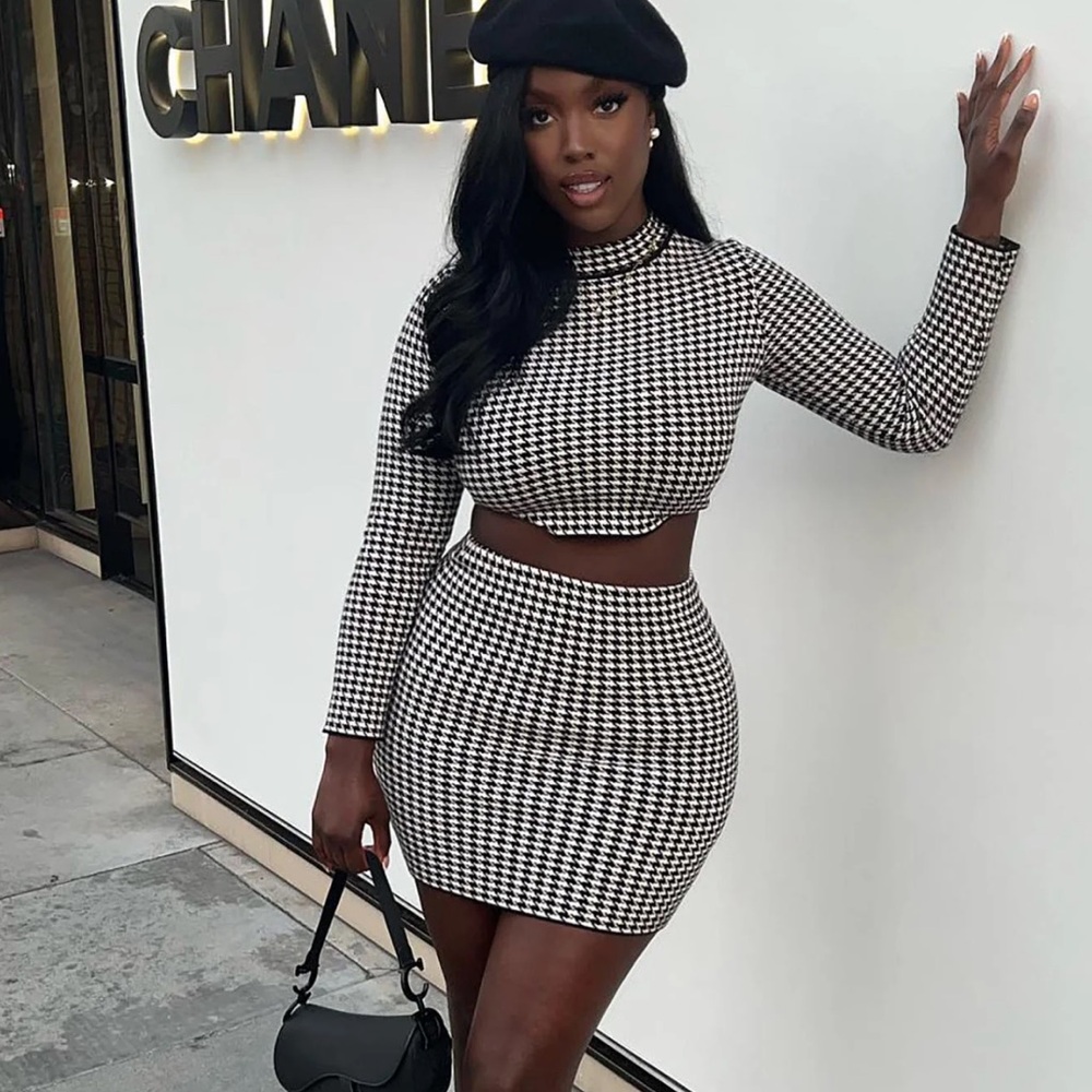 Fashion Nova Houndstooth Sweater Skirt Black White Set